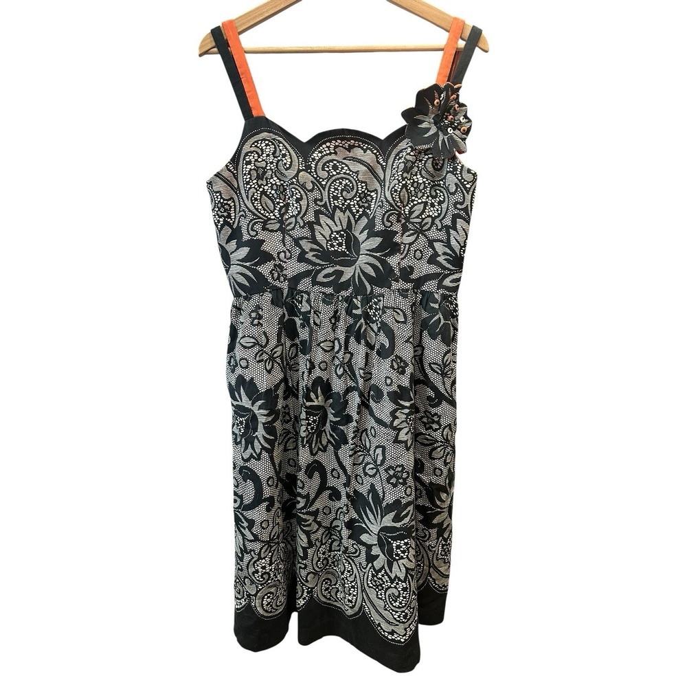 Yoana Baraschi Unique Dress Black Cream Intricate Floral Design‎ Orange Straps 8